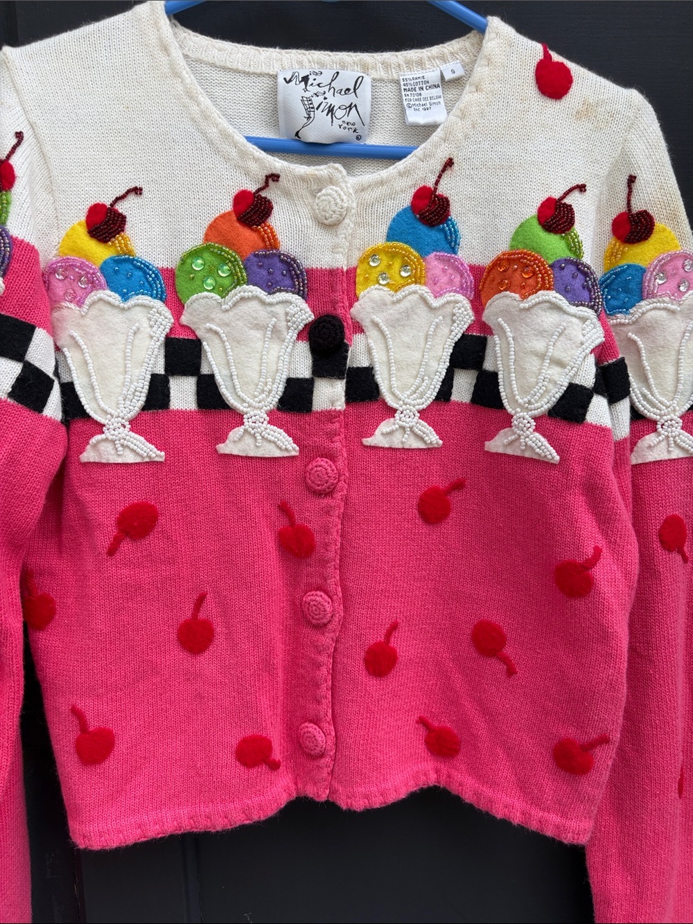 Vintage Michael Simon Hot Pink Ice Cream Appliqué Cardigan - Picture 7 of 12